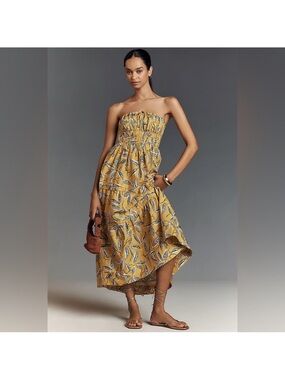 ANTHROPOLOGIE The Somerset Strapless Maxi Dress Yellow Floral Size M NEW